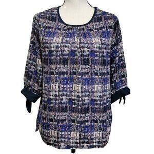 Le Lis Blouse Womens Sz S Blue Beige 3/4 Sleeve Tie Detail Top Shirt Career Work